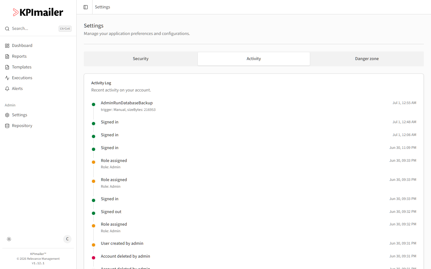 Activity Log tab showing a timeline of events including signed in, signed out, and role assigned, each with a timestamp