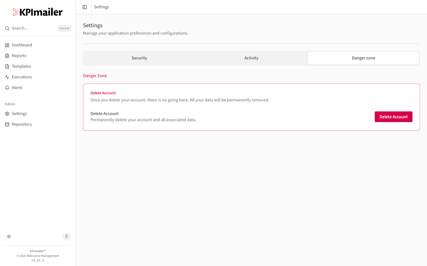 Danger zone tab with a Delete Account section and button