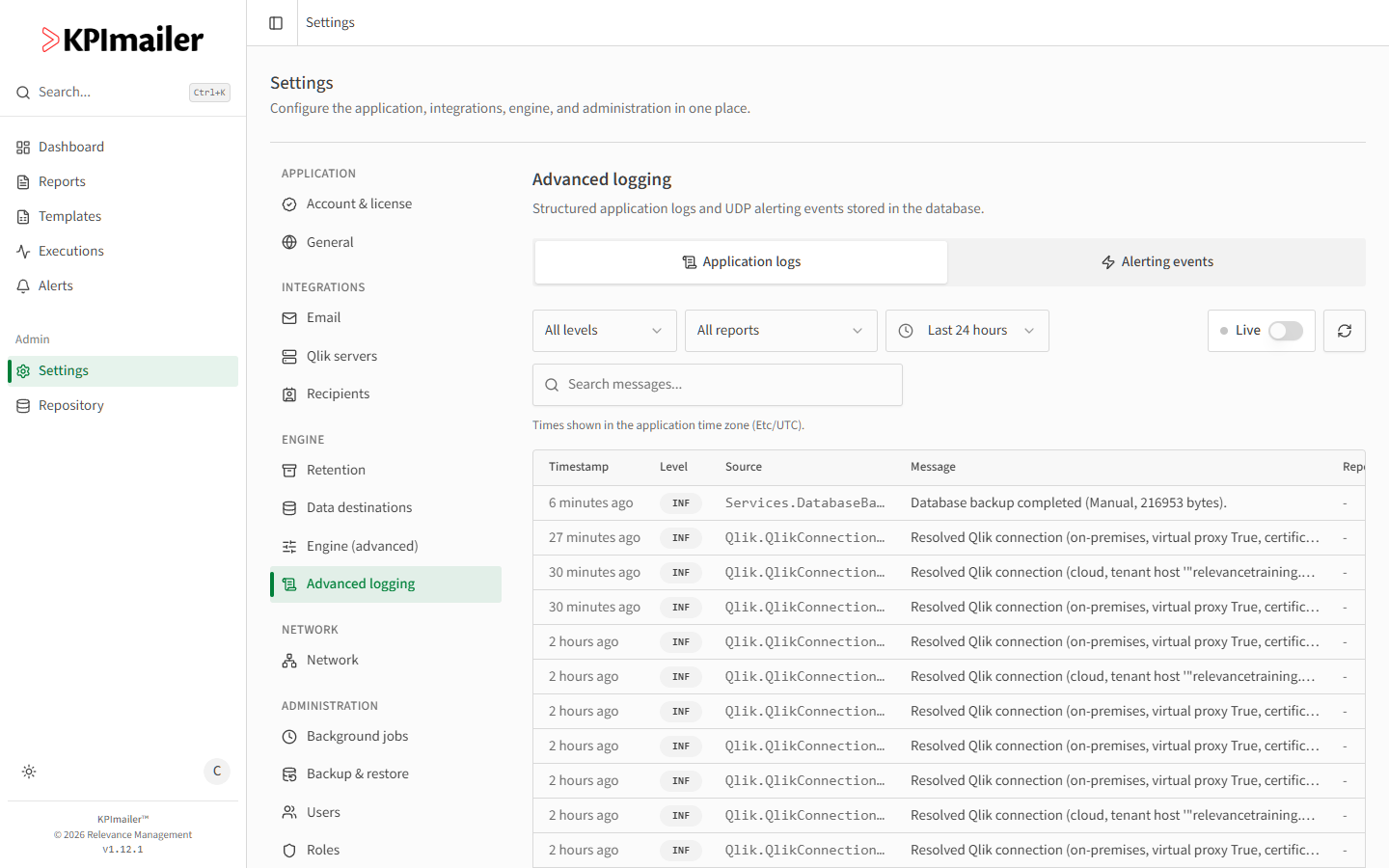 Application logs tab with Level, Time range, and Live filters, and a table of timestamped log entries with their source and message