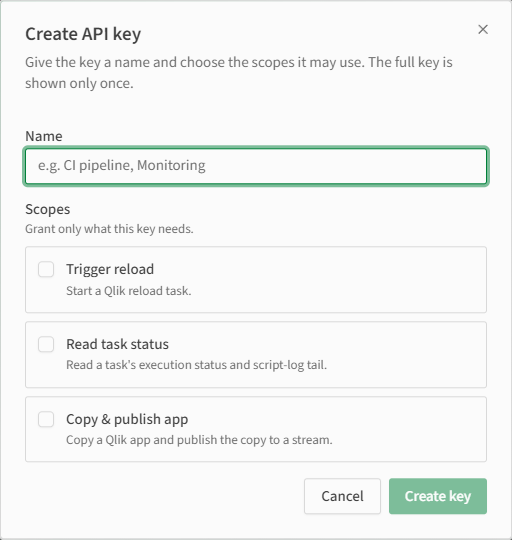 Create API key dialog with a Name field and Scopes checkboxes for Trigger reload, Read task status, and Copy & publish app