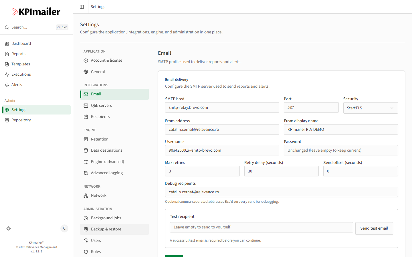 Email settings with SMTP host, port, security, from address, username, password, max retries, retry delay, send offset, debug recipients, and a Send test email button
