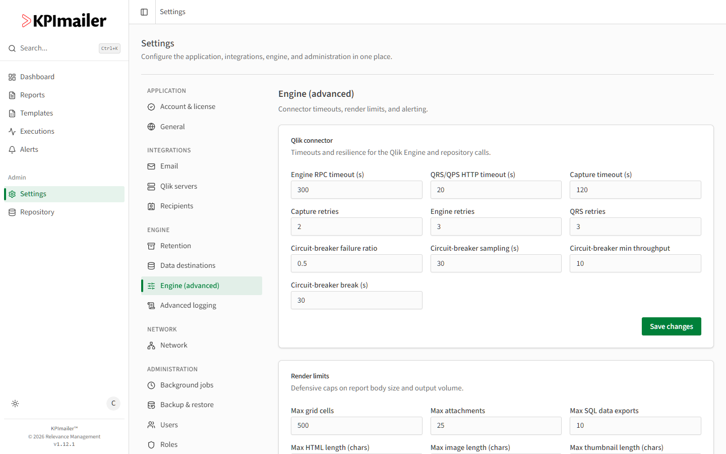 Qlik connector card with Engine RPC timeout, QRS/QPS HTTP timeout, Capture timeout, Capture retries, Engine retries, QRS retries, and circuit-breaker fields