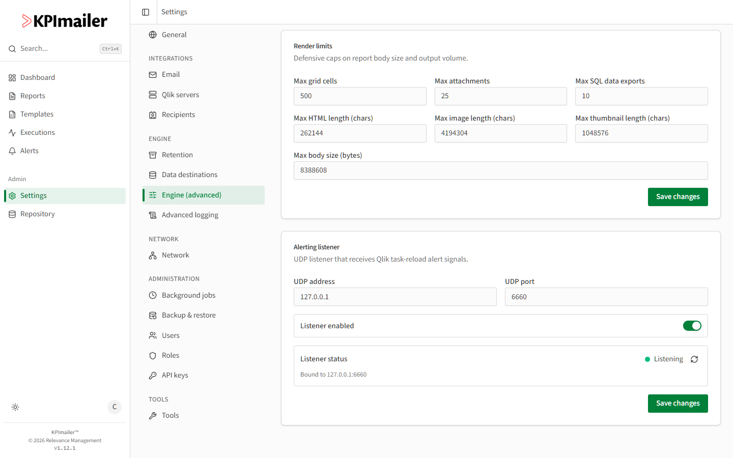 Render limits card with Max grid cells, Max attachments, Max SQL data exports, Max HTML length, Max image length, Max thumbnail length, and Max body size fields