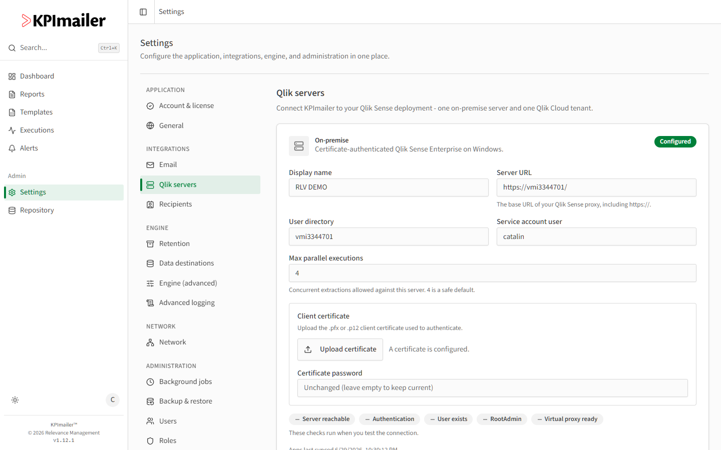 On-premise Qlik server edit panel showing Display name, Server URL, User directory, Service account user, Max parallel executions, client certificate upload, and connection check pills