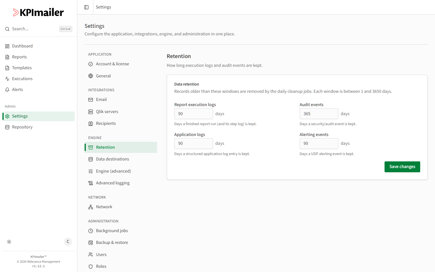 Retention settings with Report execution logs, Audit events, Application logs, and Alerting events fields, each in days