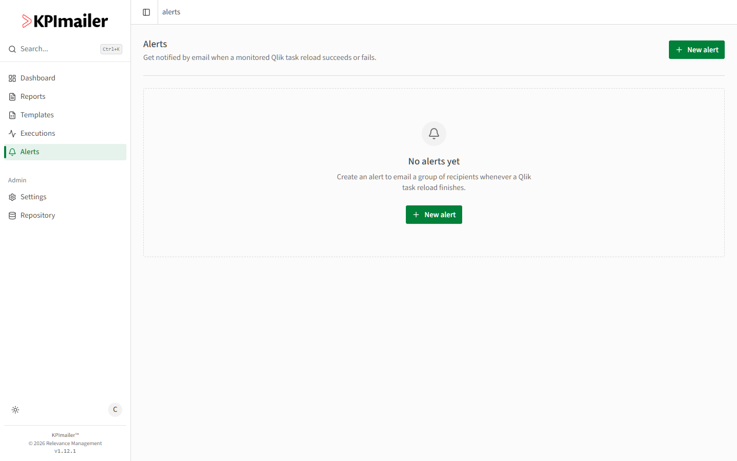 Alerts page empty state with a bell icon and a New alert button