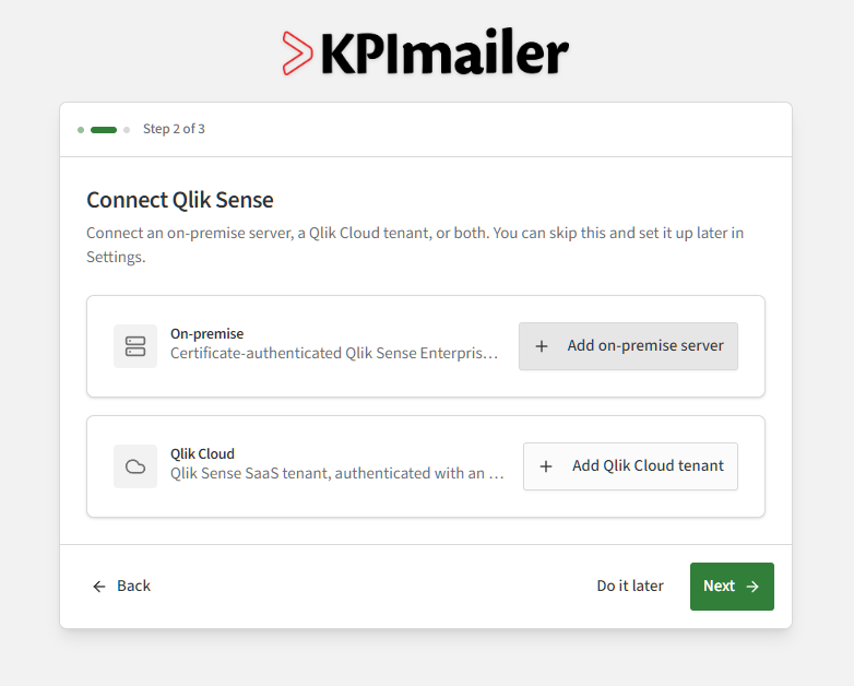Connect Qlik Sense step of the setup wizard, showing On-premise and Qlik Cloud options each with an Add button