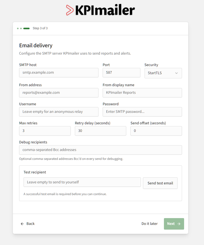 Email delivery step of the setup wizard, with SMTP host, port, security, from address, retry settings, debug recipients, and a Send test email button