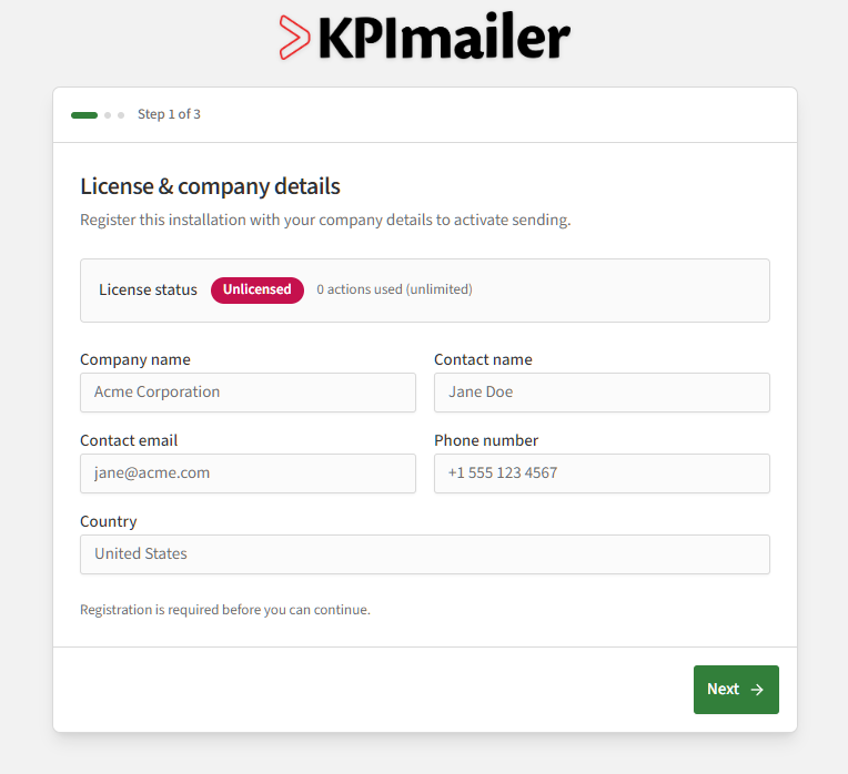 License and company details step of the setup wizard, showing License status Unlicensed and fields for company name, contact name, contact email, phone number, and country