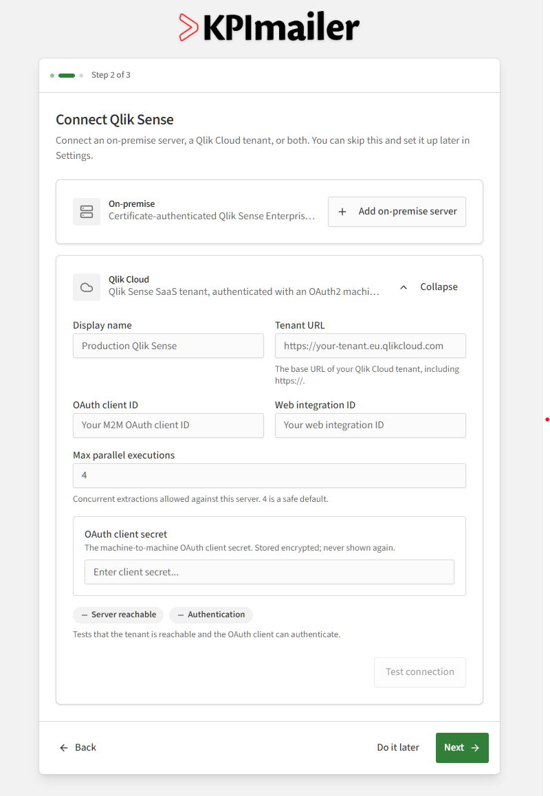 Qlik Cloud connection form expanded within the wizard, showing display name, tenant URL, OAuth client ID, web integration ID, max parallel executions, and OAuth client secret