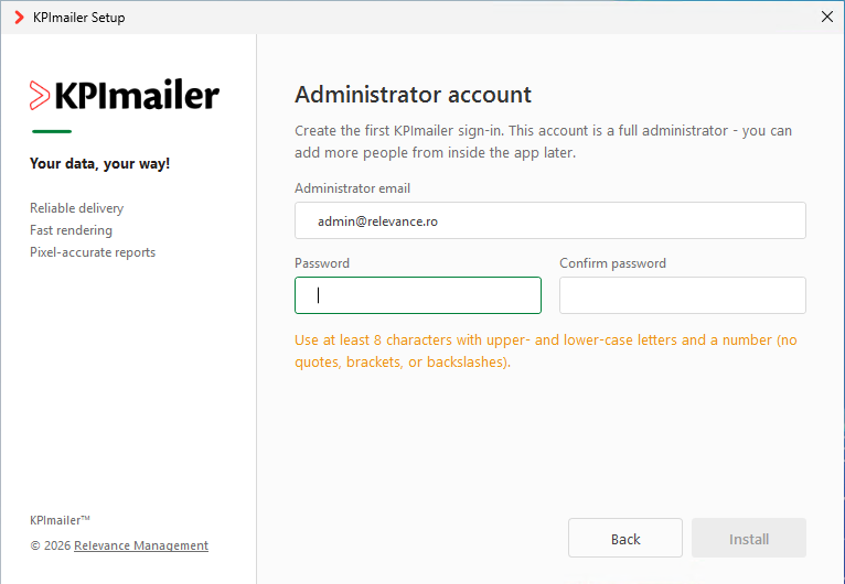 KPImailer installer Administrator account screen with email, password, and confirm password fields