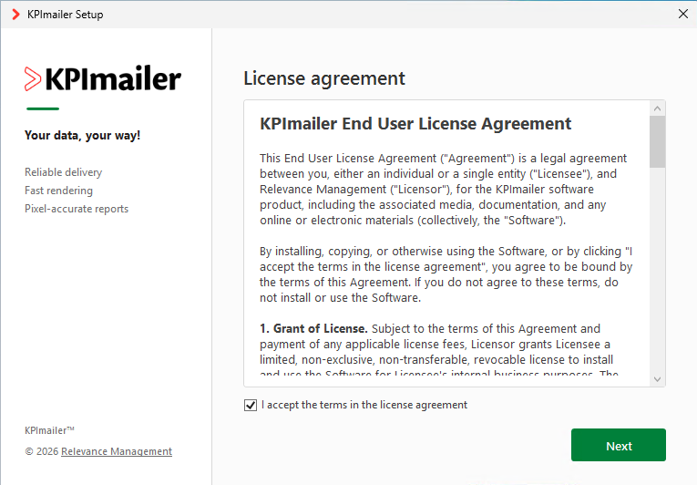 KPImailer installer License agreement screen with the acceptance checkbox