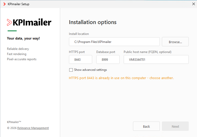 KPImailer installer Installation options screen with install location, HTTPS port, database port, and public host name fields