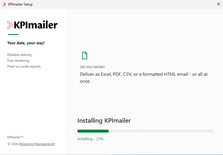 KPImailer installer progress screen with an install percentage and a rotating tip
