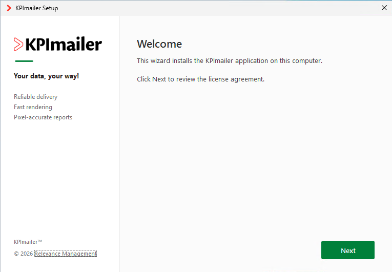 KPImailer installer Welcome screen