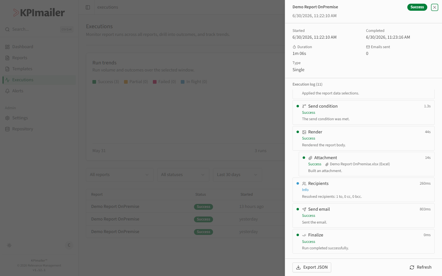 Execution log scrolled further showing Render with a nested Attachment step, then Recipients, Send email, and Finalize
