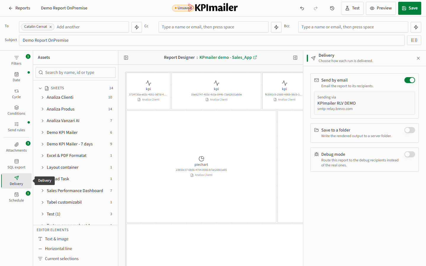 Delivery panel with Send by email enabled showing the sending mail profile, plus Save to a folder and Debug mode toggles