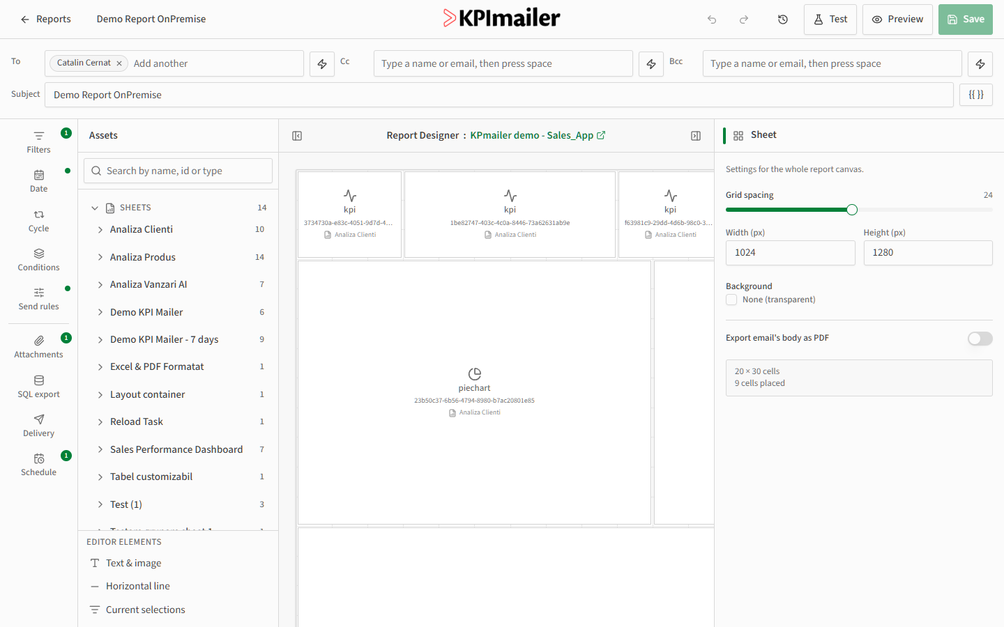 Report editor Design canvas with the Assets panel on the left and a Sheet settings panel on the right