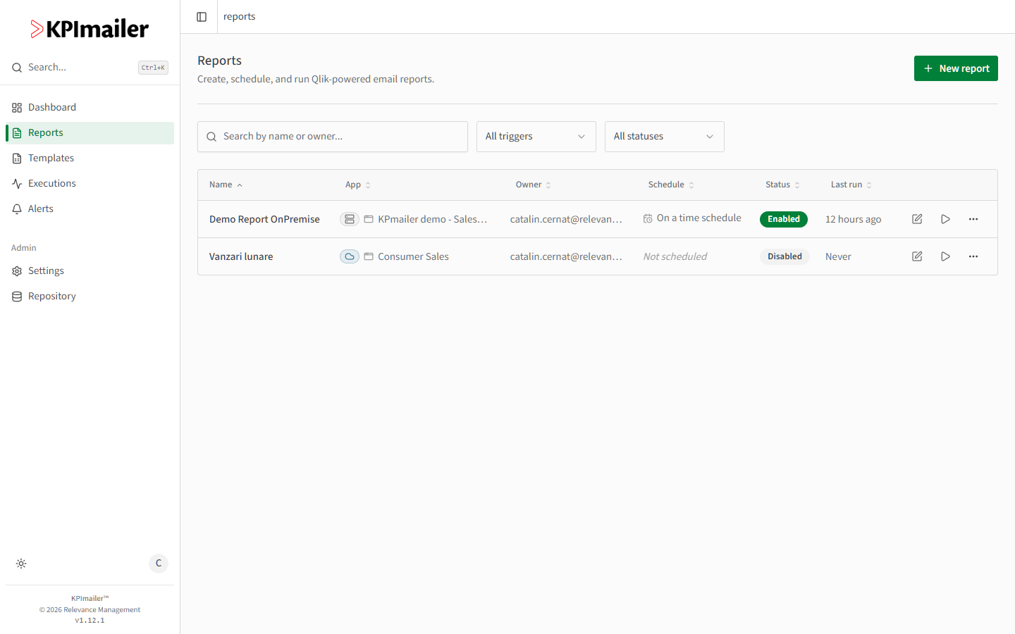 Reports list showing two existing reports with their app, owner, schedule, and status