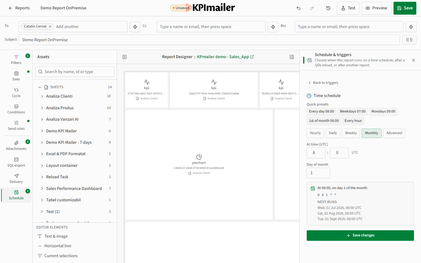 Visual cron builder showing the monthly schedule and upcoming run times