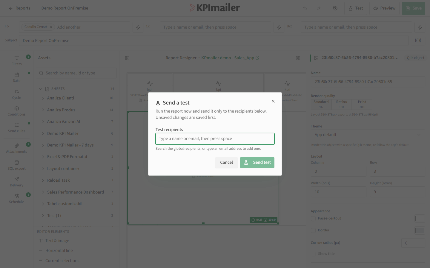 Send a test dialog with a test recipients field and a Send test button