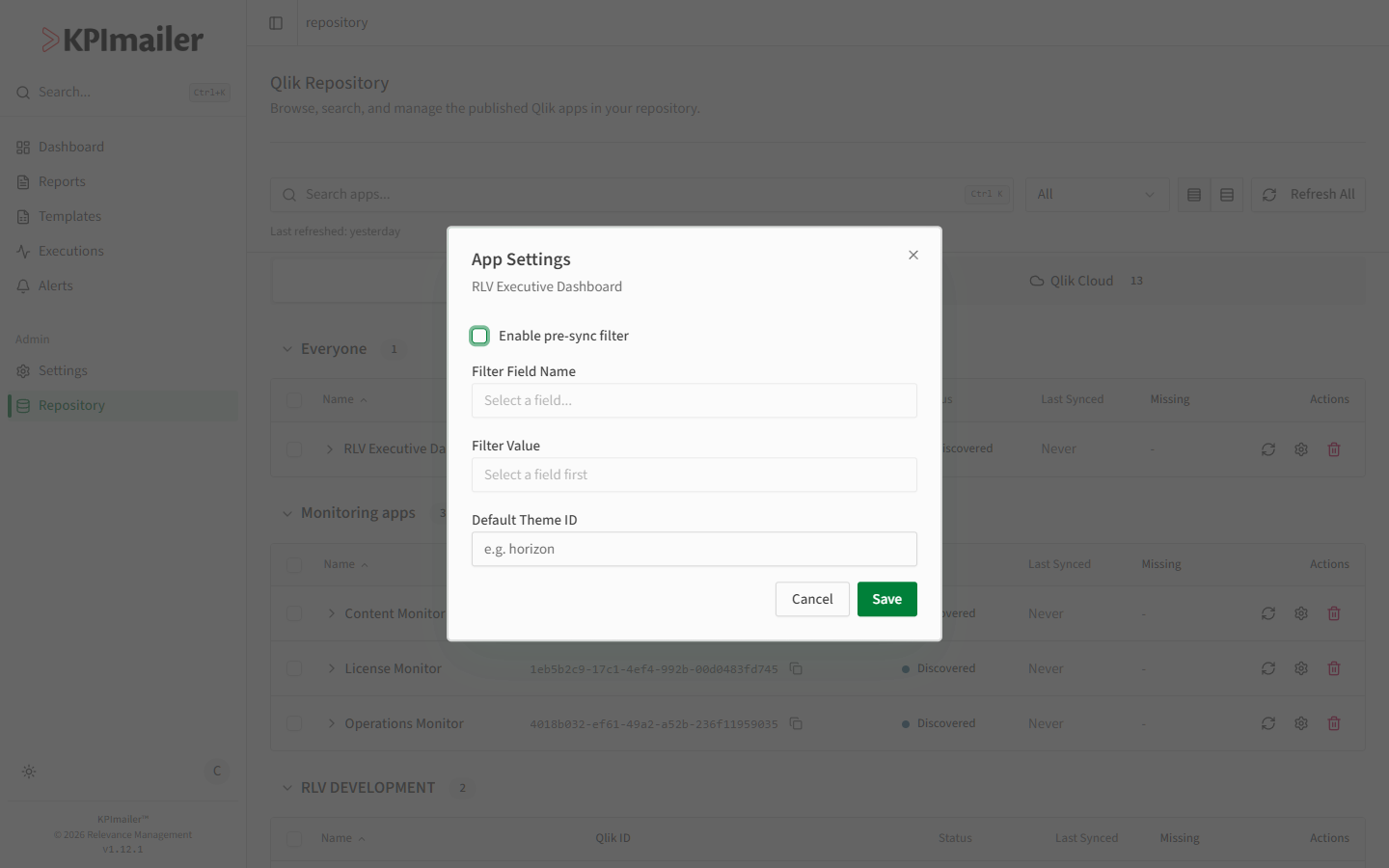 App Settings dialog with Enable pre-sync filter, Filter Field Name, Filter Value, and Default Theme ID fields
